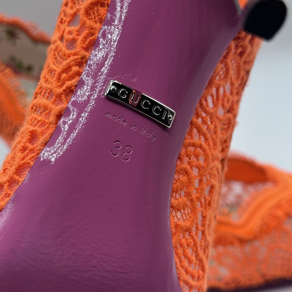 Gucci Virginia Orange Lace Mary Jane Pumps 38 7.5 95mm Crystal Buckle - Picture 2 of 8